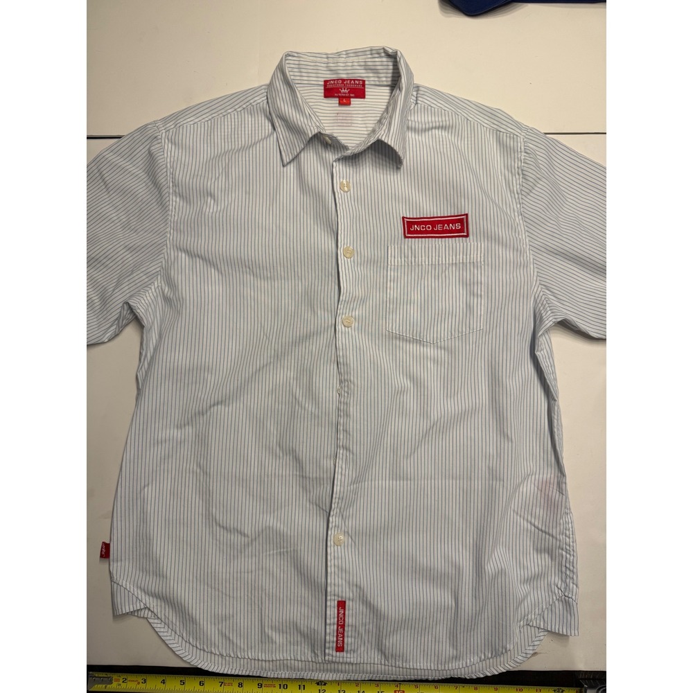 JNCO Jeans Mens Large Blue White Pinstripe Short Sleeve Button Up Shirt Vintage